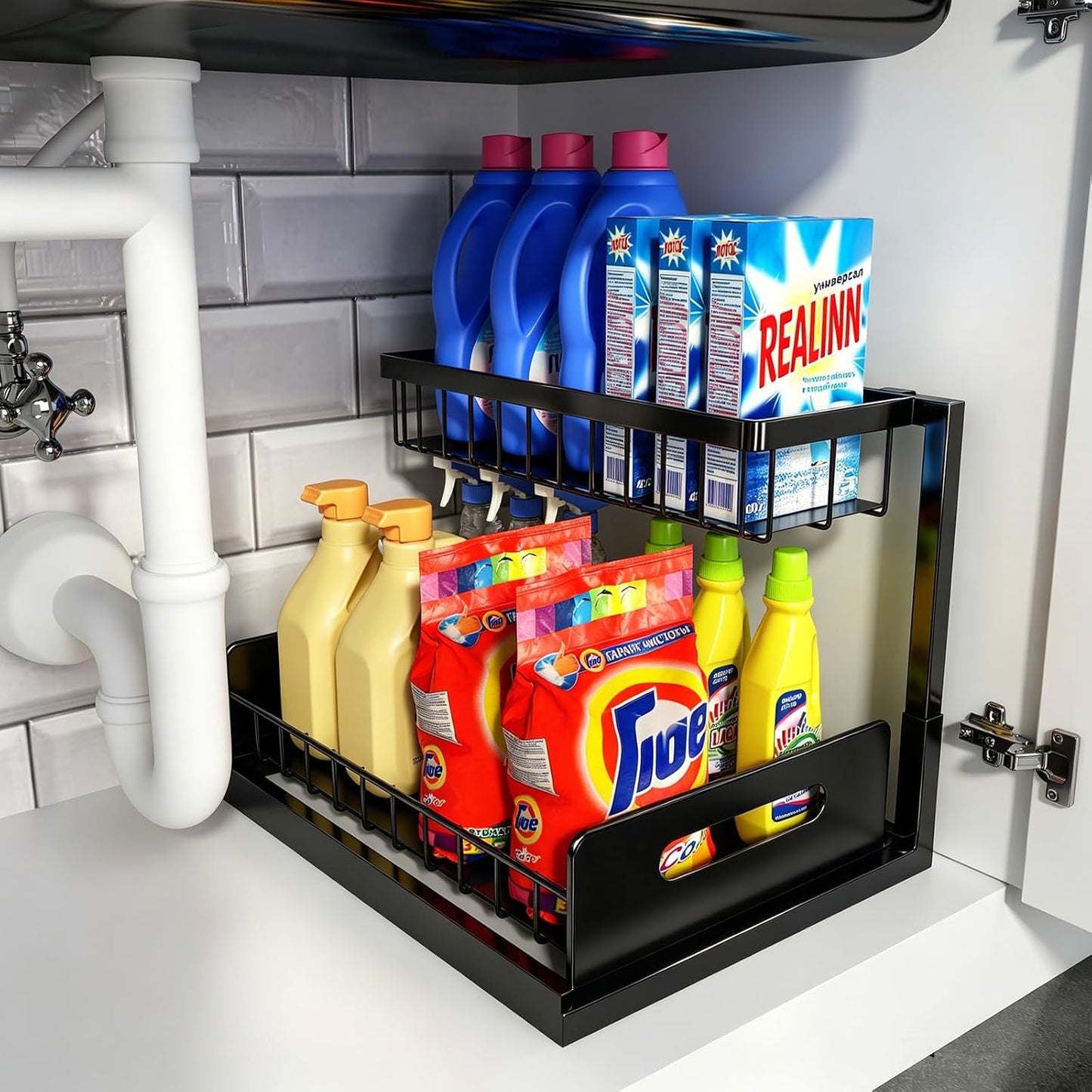 REALINN Under Sink Organizer, L-Shaped 2 Tier Pull Out Cabinet Organizer for Kitchen and Bathroom, Slide Out Under Cabinet Storage, Metal Under Sink Storage with Sliding Drawer, 50 lbs, Black 2 Pack