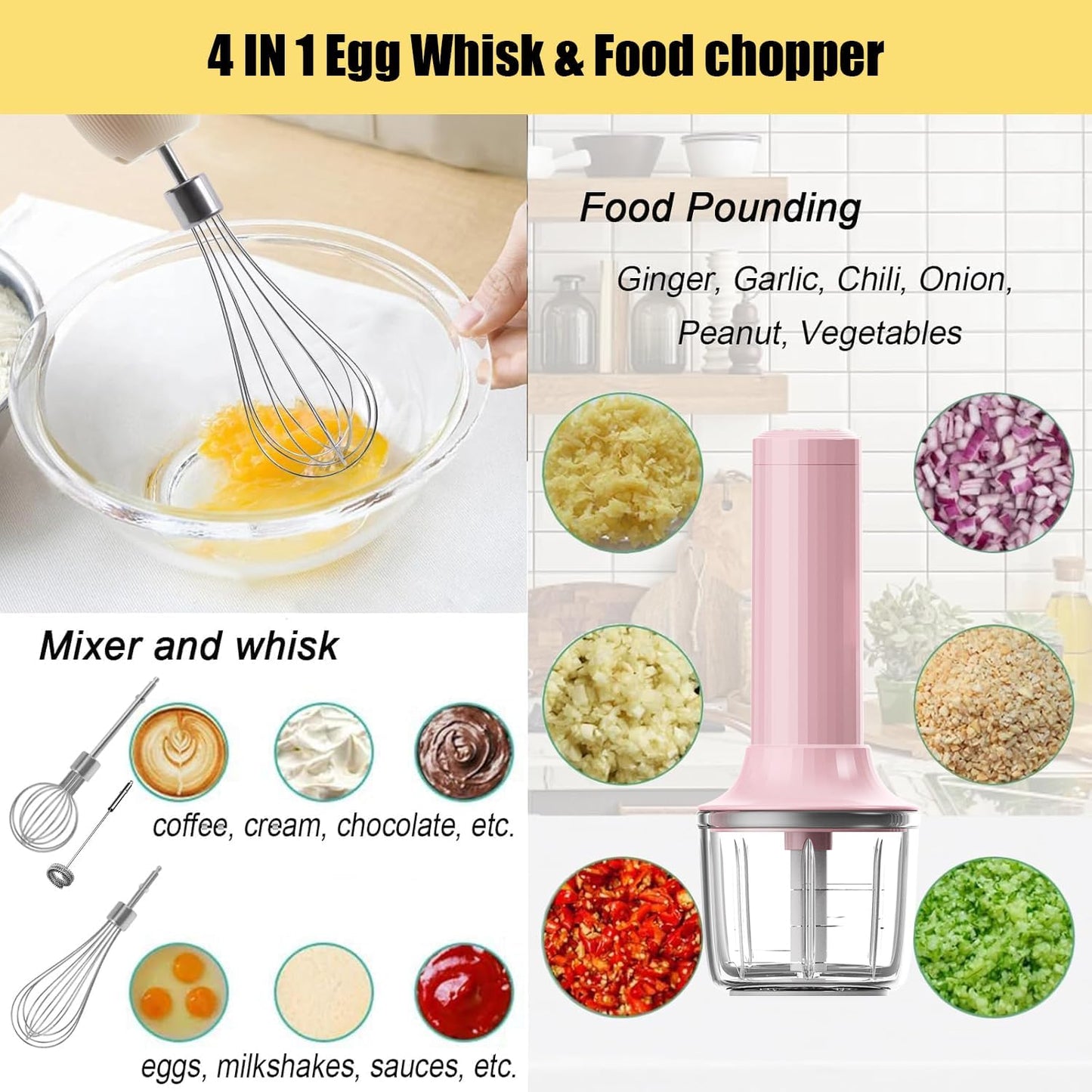 Cordless Hand Mixer MixgoII, Handheld Mixer Electric Whisk & Milk Frother, Hand Held Mini Mixers, Rechargeable Hand Mixer and Whisker, Food Processor for Cooking, Food Chopper, 4-Speed, 10Oz