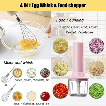 Cordless Hand Mixer MixgoII, Handheld Mixer Electric Whisk & Milk Frother, Hand Held Mini Mixers, Rechargeable Hand Mixer and Whisker, Food Processor for Cooking, Food Chopper, 4-Speed, 10Oz