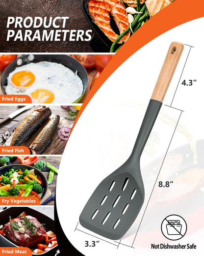 Pack of 2 Silicone Spatula, Non Stick Cooking Utensil Set Wooden Handle Kitchen Turner for Baking Mixing Grilling Serving Food Heat Resistant Non Scratch Hooks Included (Khaki)