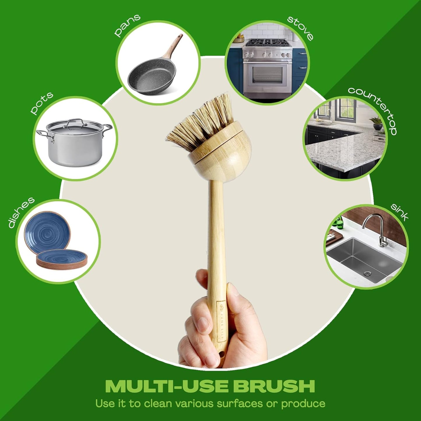 JuneLily Long Coconut Dish Brush Plant-Based Vegan for Kitchen Bathroom Cleaning Produce Washing Dishes (Long Dish Brush & Coconut Brush Head)