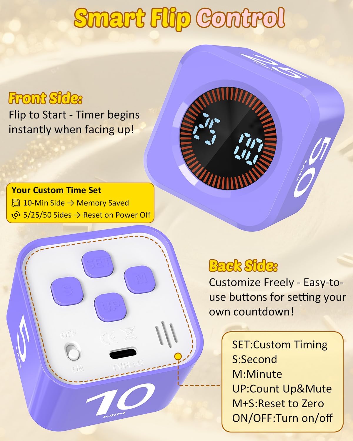 Digital Pomodoro Timer Cube 5/10/25/50min, Visual Productivity Flip Timer for Kids Classroom Desk, Custom Countdown, Silent and Sound Mode for ADHD Study Work Game Kitchen (Orange)