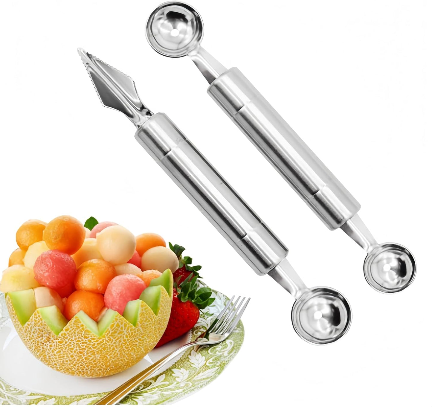 2PCS Stainless Steel Double Headed Watermelon/Honeydew Ball Spoon ，Set Fruit Carving Tool - Suitable for Watermelon and Honeydew Fruit Ice Cream Tools