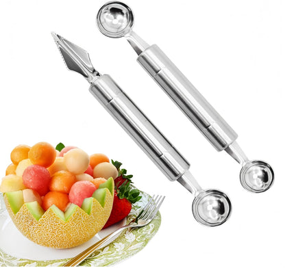 2PCS Stainless Steel Double Headed Watermelon/Honeydew Ball Spoon ，Set Fruit Carving Tool - Suitable for Watermelon and Honeydew Fruit Ice Cream Tools