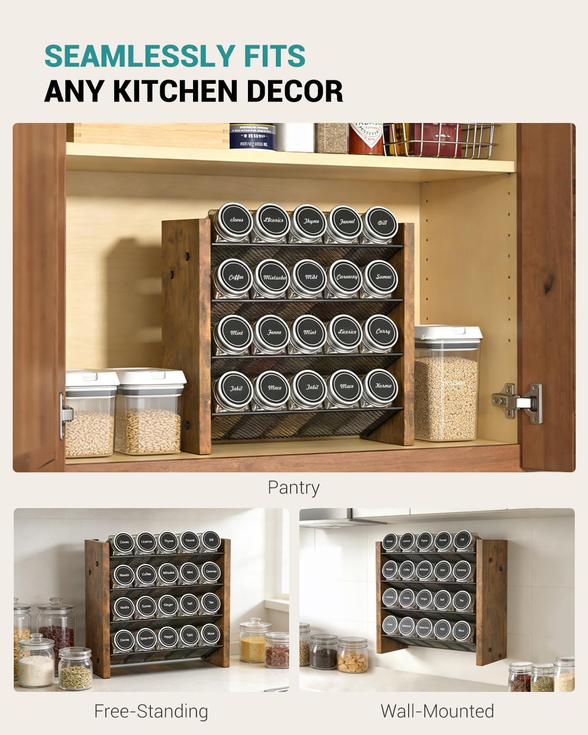NESAPTO Spice Rack Organizer for Cabinet, Wood 4-Tier Vertical Seasoning Organizer, Wall Mount or Countertop Spice Shelf, Holds 28 Jars (No Jars Included), 14" W x 9.4" H