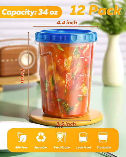 BiuLeon 6 Pack-24 oz Freezer Storage Containers, Plastic Food Storage Containers with Twist Top Lids, BPA Free and Reusable Soup Containers with Lids, Leakproof/Microwave/Dishwasher Safe
