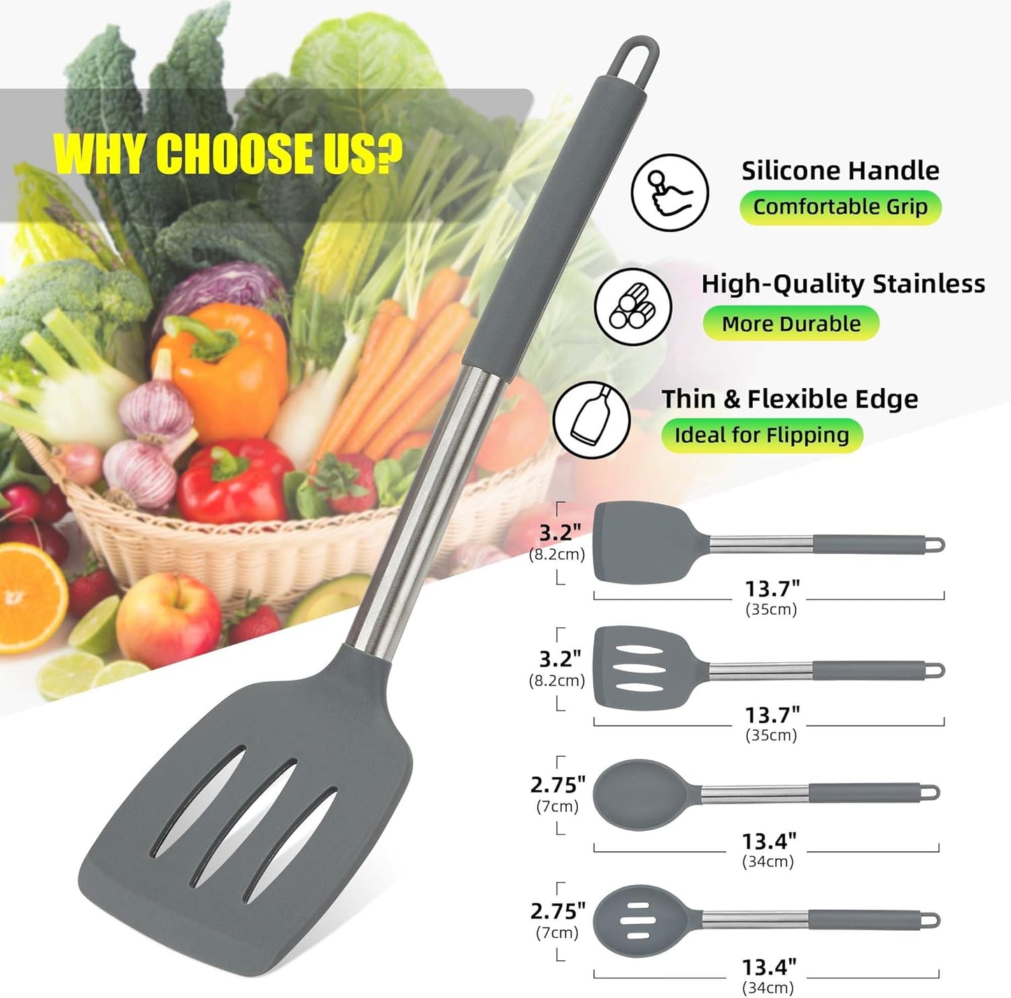 4 Pack Silicone Utensils Set，Non Stick Solid Spatulas, Slotted Spoons with Stainless Steel Handle，Spatulas for Cooking，Frying, Mixing, Serving -Blue