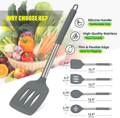 4 Pack Silicone Utensils Set，Non Stick Solid Spatulas, Slotted Spoons with Stainless Steel Handle，Spatulas for Cooking，Frying, Mixing, Serving -Blue