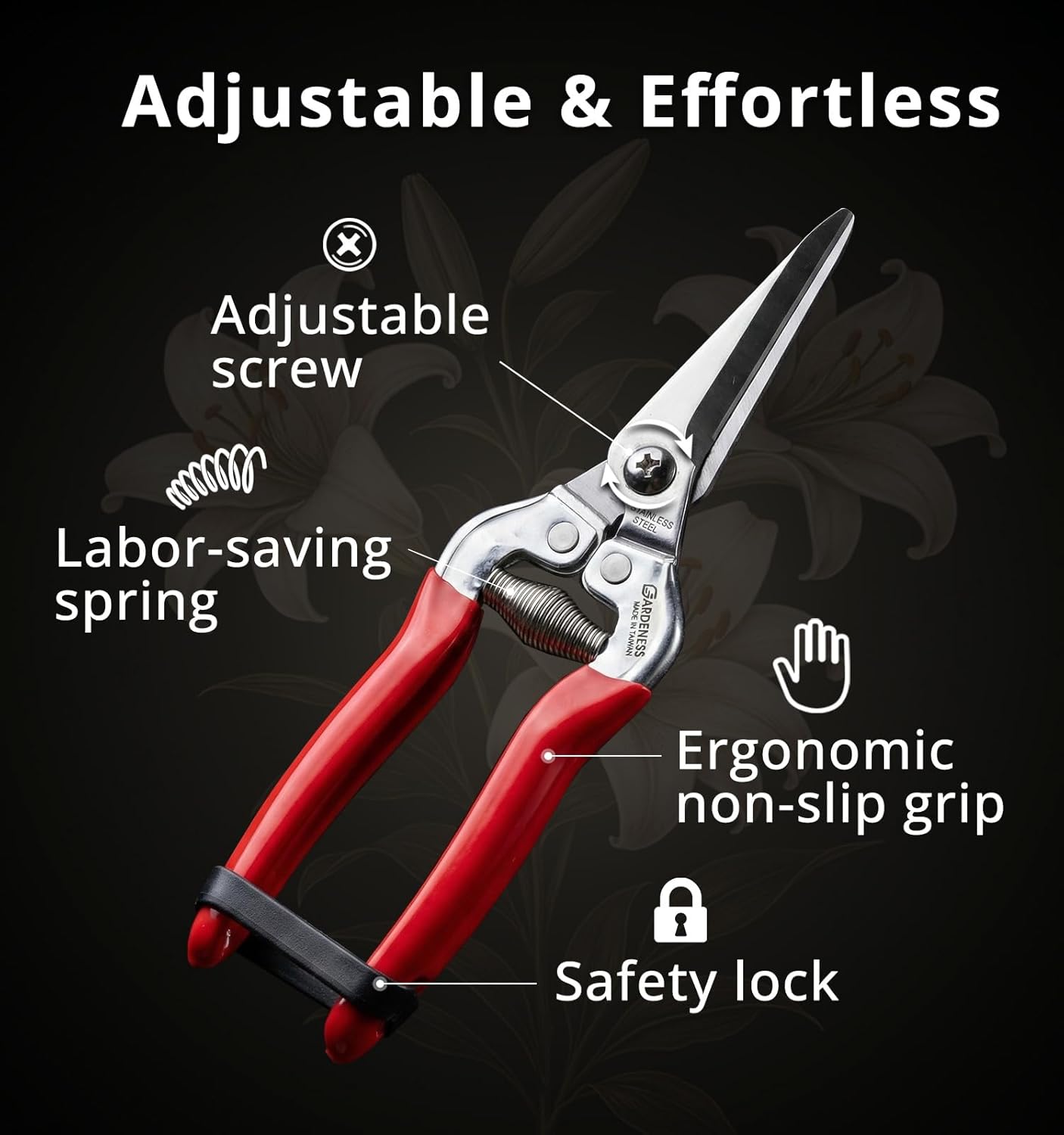 Gardeness Stainless Steel Pruning Snips with Serrated Blade, Adjustable Joint Screw Micro-Tip Garden Scissors for Harvesting Herbs, Fruit, and Floral Arranging, Corrosion-Resistant & Made in Taiwan