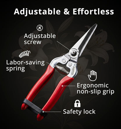 Gardeness Stainless Steel Pruning Snips with Serrated Blade, Adjustable Joint Screw Micro-Tip Garden Scissors for Harvesting Herbs, Fruit, and Floral Arranging, Corrosion-Resistant & Made in Taiwan