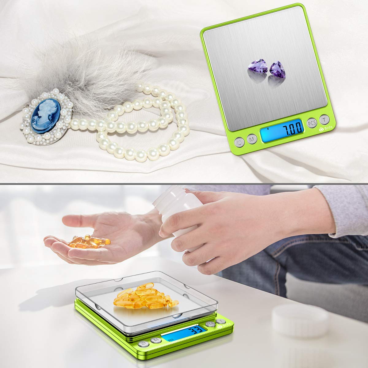 (Upgraded) AMIR Digital Kitchen Scale, 500g Mini Pocket Jewelry Scale, Food Scale, Coffee Scale, Back-Lit LCD Display, 2 Trays, 6 Units, Auto Off, Tare, PCS, Stainless Steel (Batteries Included)