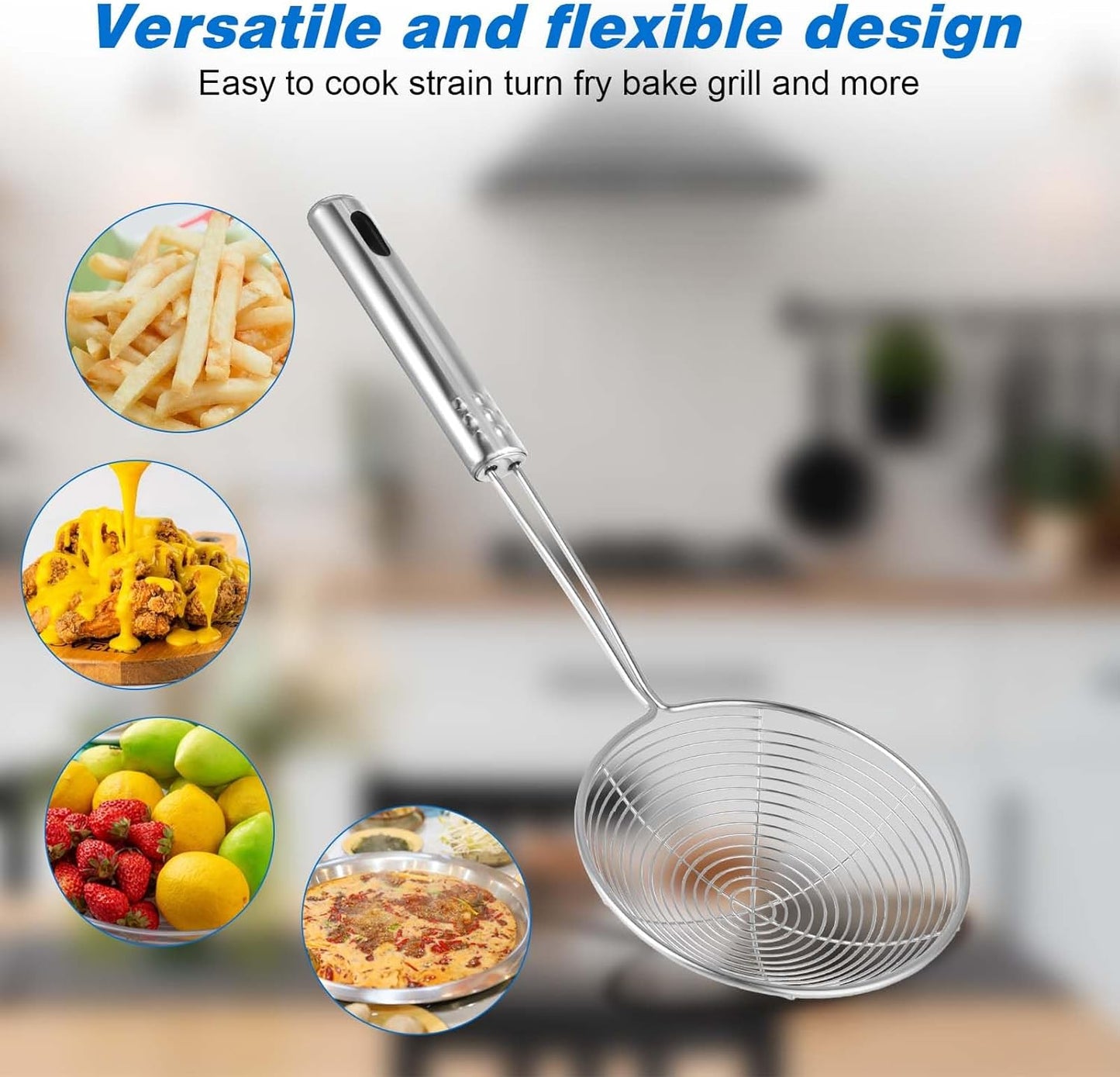 Steel Spider Strainer Skimmer Ladle, Spoon Spider Skimmers Kitchen Gadgets Wire Pasta Strainer for Kitchen Cooking and Frying