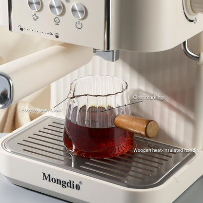 Mongdio 6OZ Espresso Measuring Cup with Wooden Handle, Glass Measuring Cup with Dual Scale Markings, Espresso Shot Cups, Milk Frothing Pitcher for Coffee, Milk
