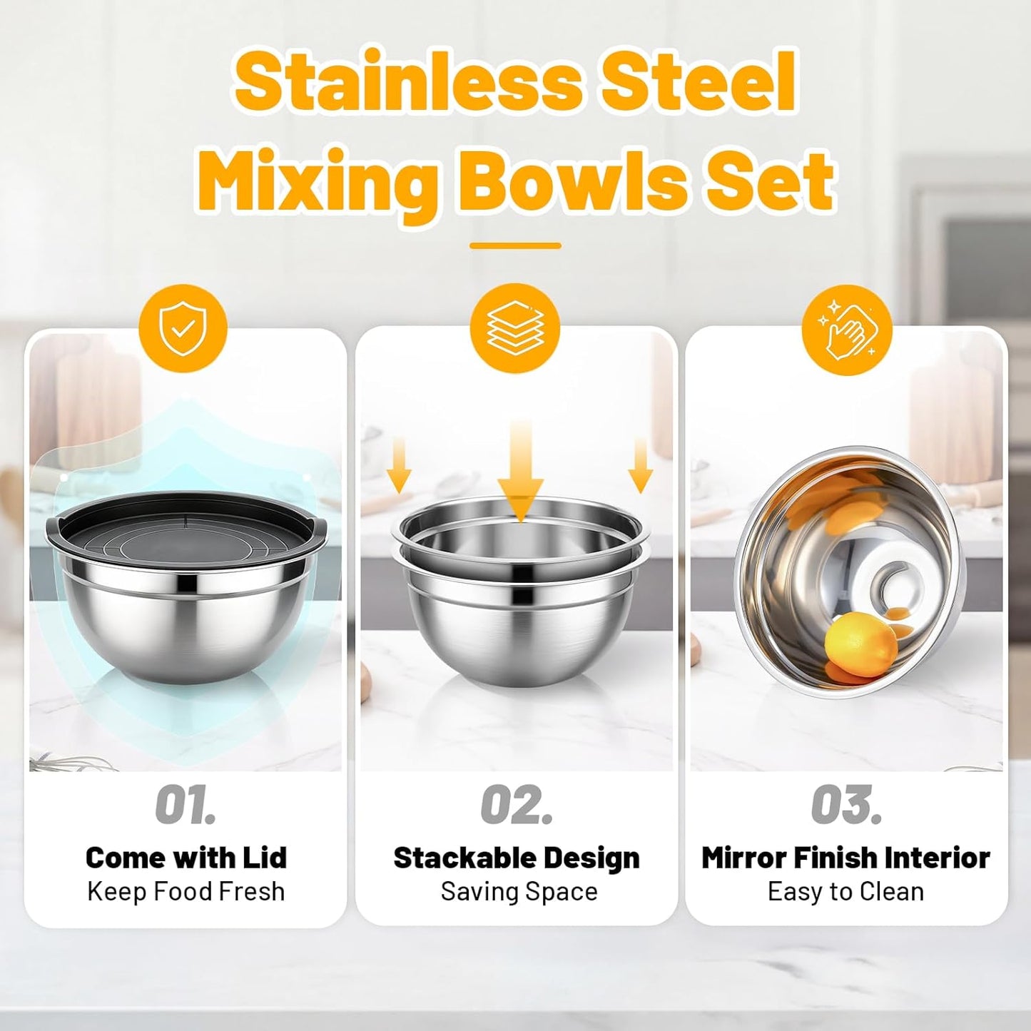Beasea Mixing Bowls with Lids, 3 Pack 3.4 QT Kitchen Stainless Steel Mixing Bowls with Airtight Lids, Metal Nesting Set for Baking, Prepping, Serving, Salad and Food Storage