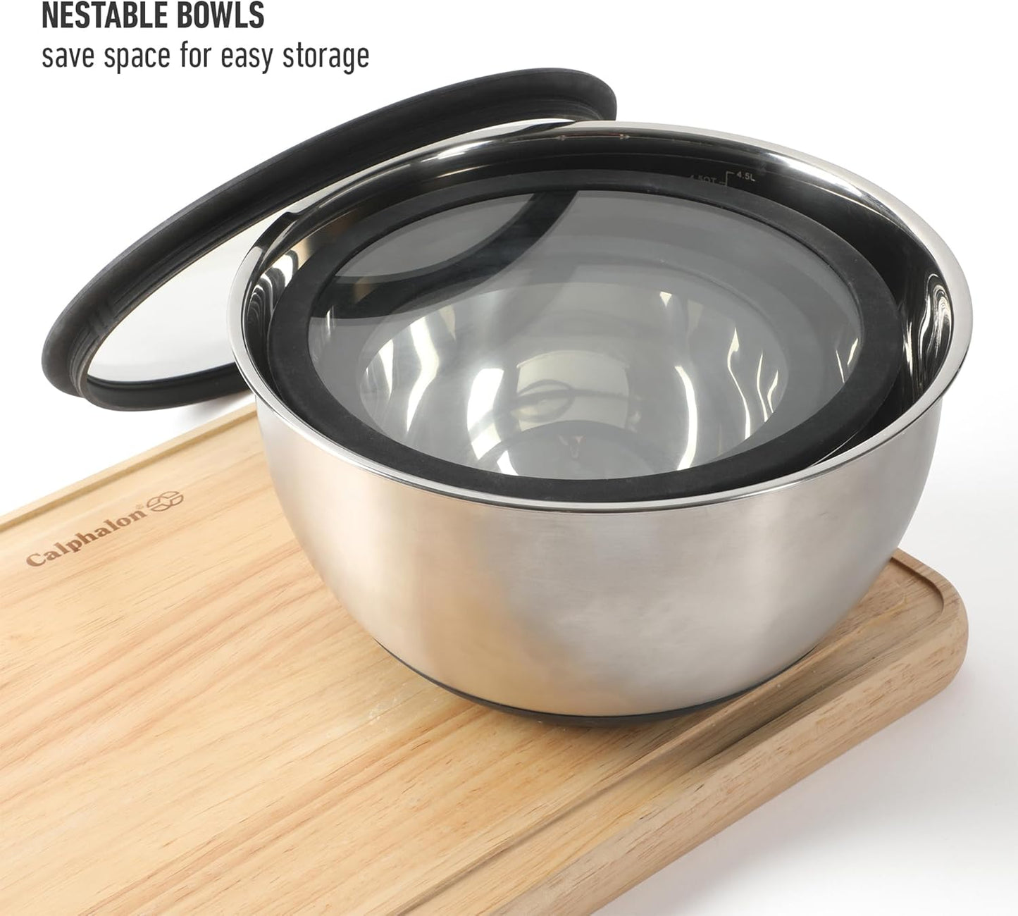 Calphalon Orbit 3 Piece Mixing Bowl Set with Acacia Wood Lids, Nesting Kitchen Mixing Bowls for Baking, Cooking, Meal Prep and Food Storage, Durable Design with Airtight Style Covers