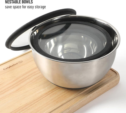 Calphalon Orbit 3 Piece Mixing Bowl Set with Acacia Wood Lids, Nesting Kitchen Mixing Bowls for Baking, Cooking, Meal Prep and Food Storage, Durable Design with Airtight Style Covers