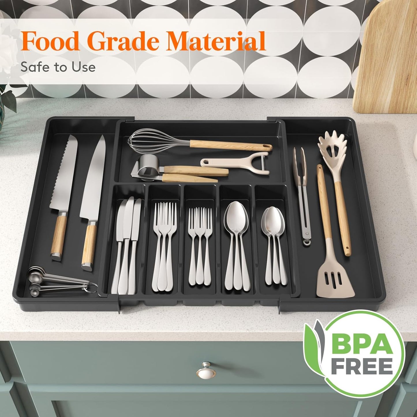 Lifewit Silverware Drawer Organizer, Expandable Utensil Tray for Kitchen, BPA Free Flatware and Cutlery Holder, Adjustable Plastic Storage for Spoons Forks Knives, 11-18 x 14", Black
