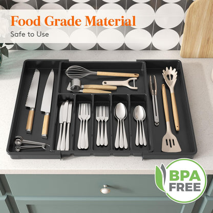 Lifewit Silverware Drawer Organizer, Expandable Utensil Tray for Kitchen, BPA Free Flatware and Cutlery Holder, Adjustable Plastic Storage for Spoons Forks Knives, 11-18 x 14", Black
