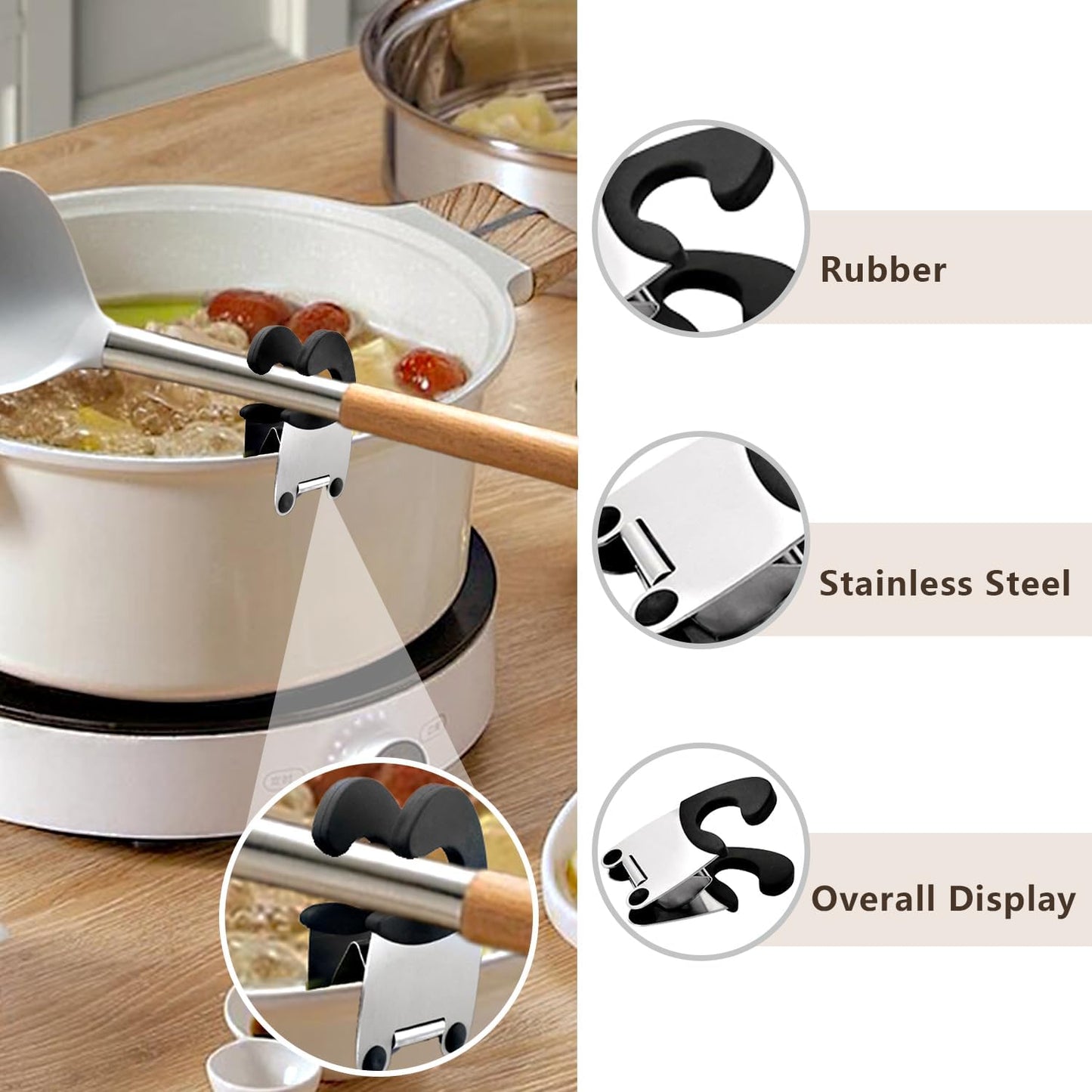 Pot Spoon Holder Pot Clip Holder Anti Scald Silicone Grip for Spoon Spatula Fork Cooking Utensils Spoon Rest Kitchen Accessories Tools 4 pieces (Black)