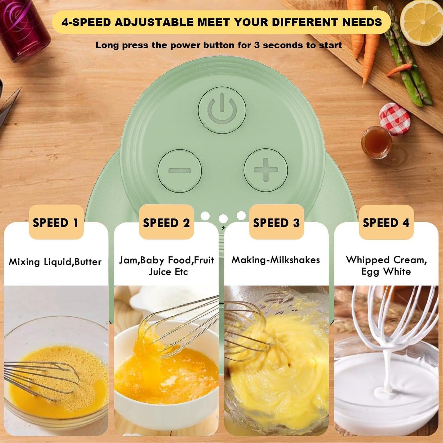 Cordless Hand Mixer MixgoII, Handheld Mixer Electric Whisk & Milk Frother, Hand Held Mini Mixers, Rechargeable Hand Mixer and Whisker, Food Processor for Cooking, Food Chopper, 4-Speed, 10Oz