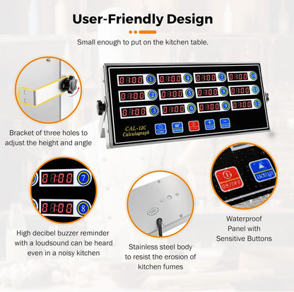 BEAMNOVA 12 Channels Digital Kitchen Timer for Cooking Loud Alarm Stainless Steel Clock Hours and Minutes Seconds Volume Control Electronic Calculator