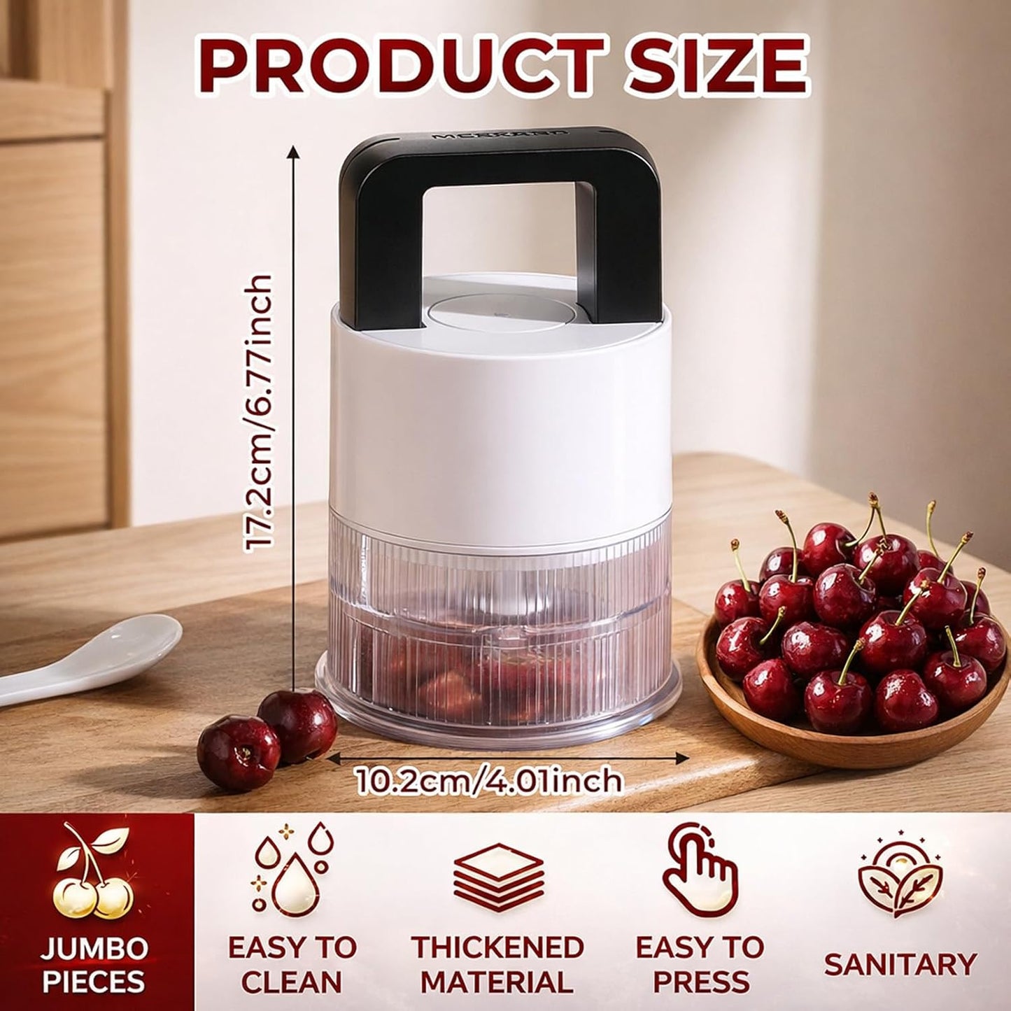 Cherry Pitter Tool - 7-in-1 Multiple Cherry Corer with 1.5" Extra Large Slots for Jumbo Cherries, Olive Pitter, Transparent Pit Container, Dishwasher Safe, Anti-Splash Design