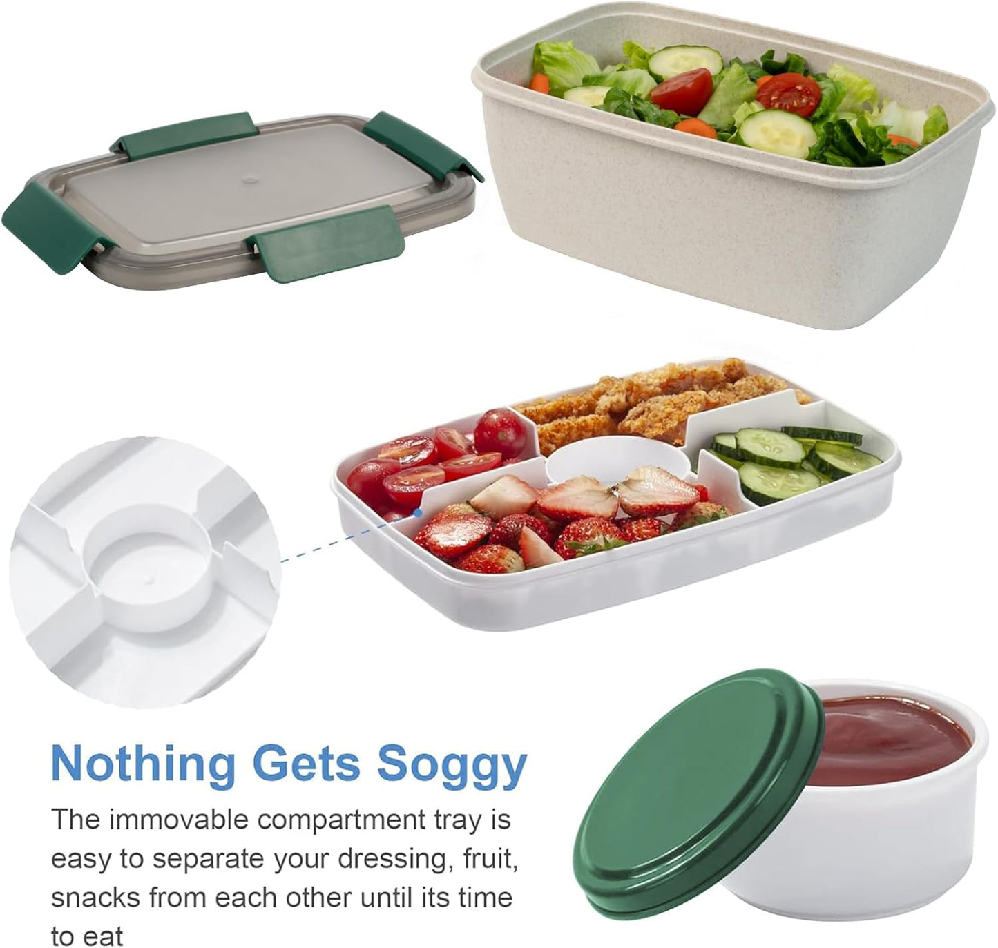 Freshmage Large Salad Container for Lunch, 2 Packs 68oz Salad Bowls with 5 Compartments, Salad Dressings Container for Salad Toppings, Snacks, Men, Women (Pink+Blue)