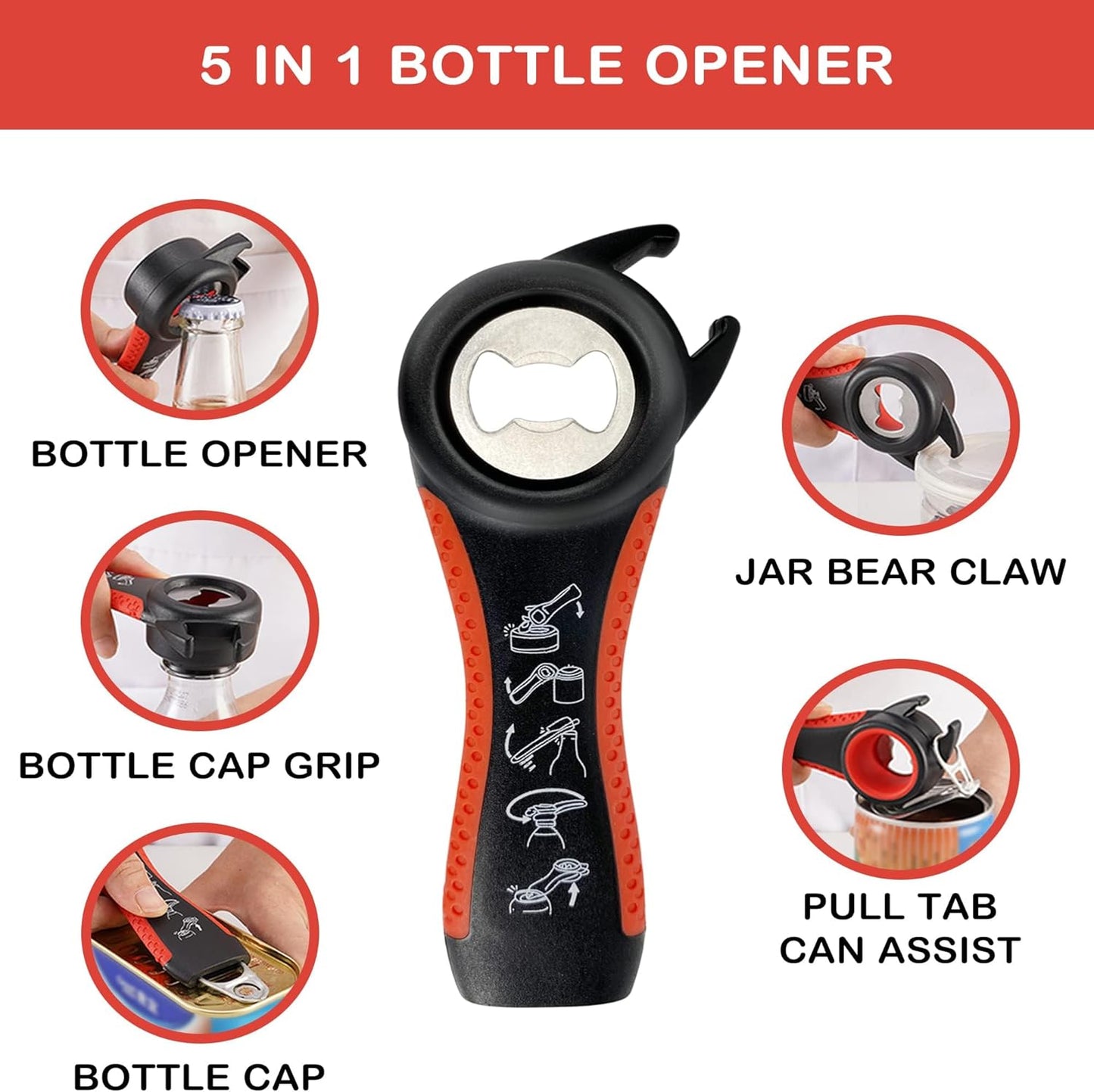 Jar Opener for Weak Hands, Seniors with Arthritis, 3 in 1 Multi Function Bottle Opener Lid Opener For Arthritic Hands with Non Slip Rubber Jar opener Gripper Pad (Red)