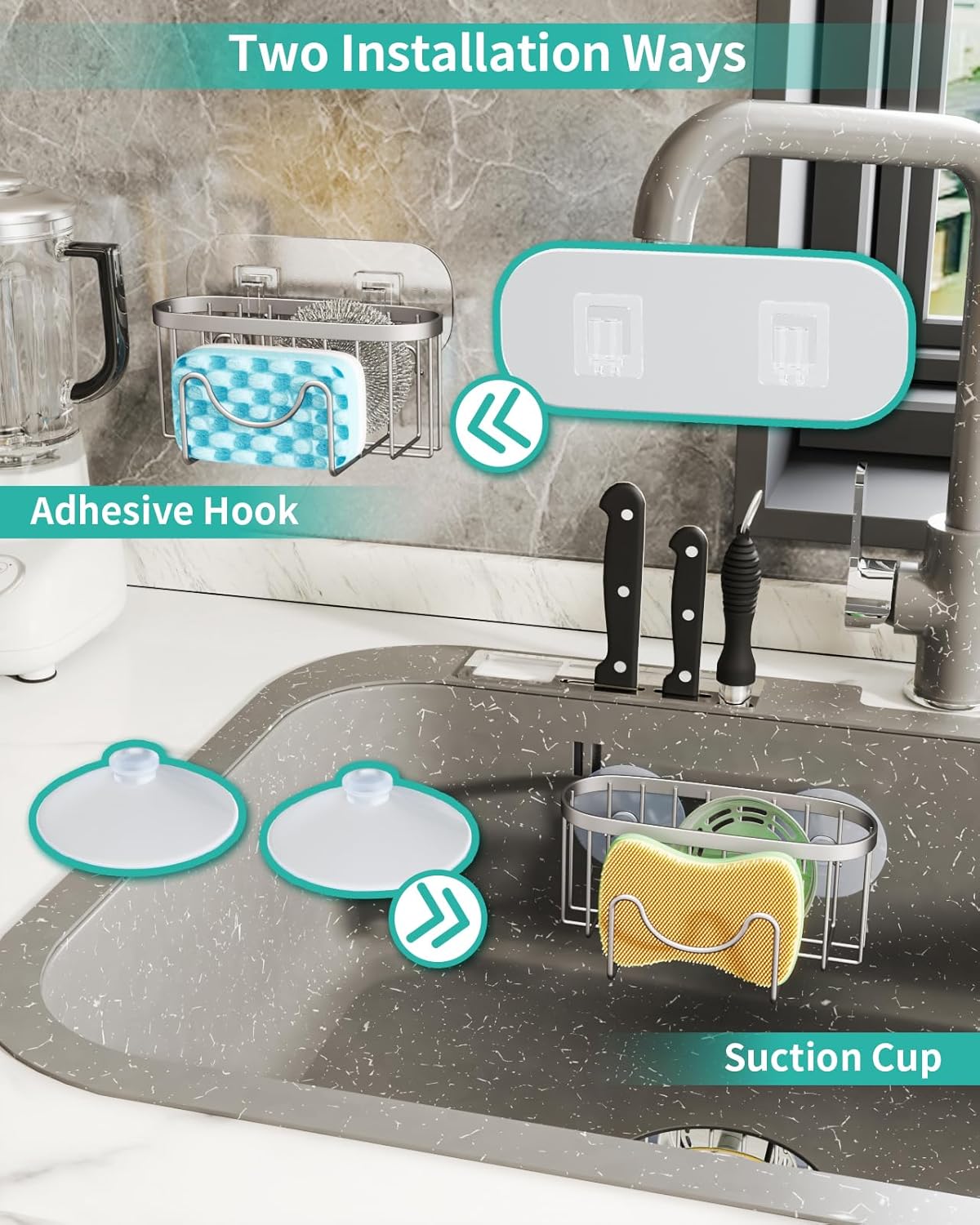HapiRm Multifunctional Sponge Holder with Unique M-Shaped, 2 Installation Methods Kitchen Sink Caddy Organizer, Rustproof Stainless Steel Kitchen Organizers and Storage Essentials - Black