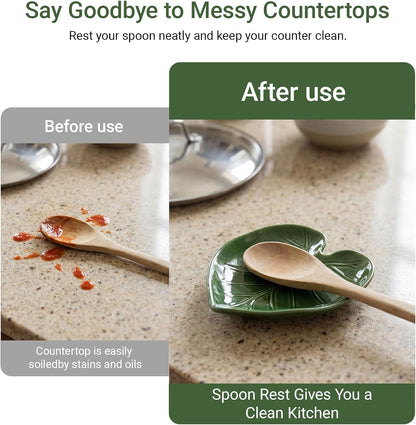 Cute Leaf Ceramic Spoon Rest, Keeps Counters Clean, for Stove Top and Kitchen Counter, Decorative Green Spoon Holder, Kitchen Decor Gift