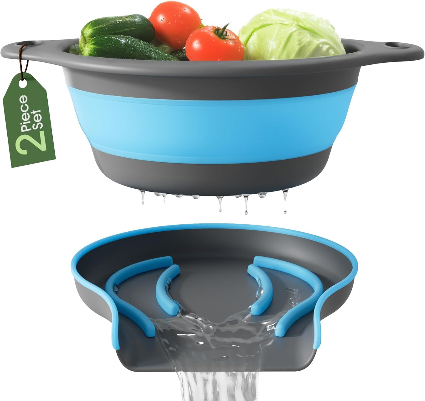 Gevoli Strainer with Self-Draining Base (5QT) Over-Sink Collapsible Kitchen Colander Set with Side-drain Base for Pasta Vegetables and Fruit, XL Large Capacity, Dishwasher Safe (5-Quart) Red/Gray