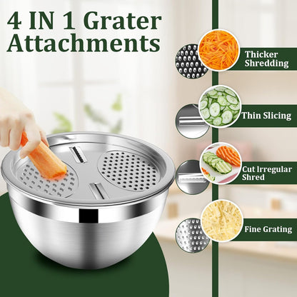 Mixing Bowls with Airtight Lids Set, 4 Stainless Steel Bowls Nesting Bowls & Colander, Kitchen Organizers and Storage Non-Slip Bottom, Size 1.5/2.0/2.5/4.5QT, Great for Mixing & Serving, Khaki