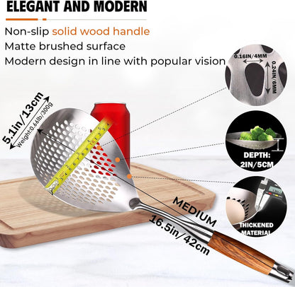MARTE Skimmer Slotted Spoon Set of 4 - Kitchen Pasta Strainer Spoon - Spider Strainer Skimmer Ladle Spoon with Holder for Cooking and Frying Food, Spaghetti, Vegetable, Dumpling - 14.8In,16.5In,17In