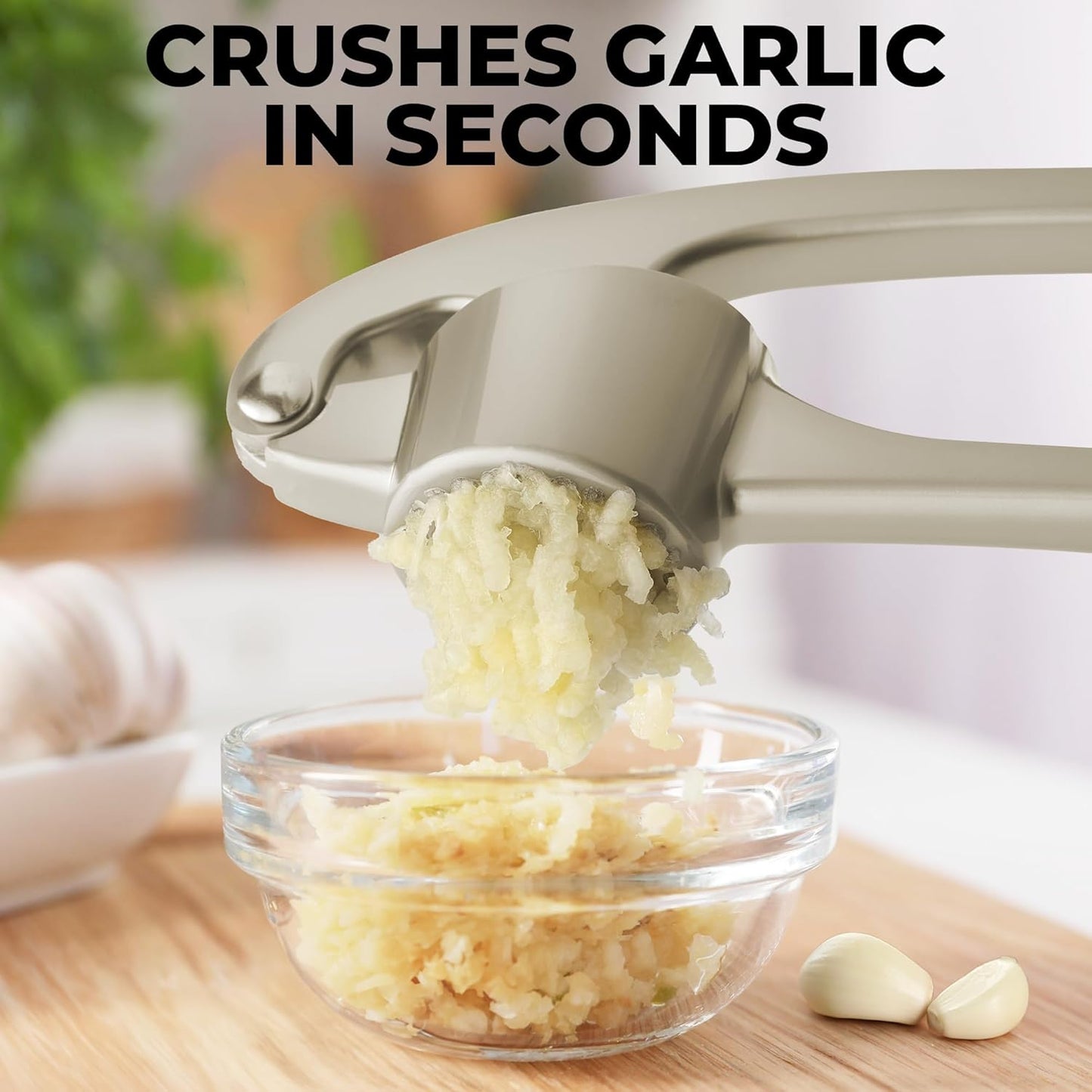Zulay Kitchen Premium Garlic Press Set - Rust Proof Professional Garlic Mincer Tool - Easy-Squeeze, Easy-Clean with Soft, Ergonomic Handle - Silicone Garlic Peeler & Brush (Silver)