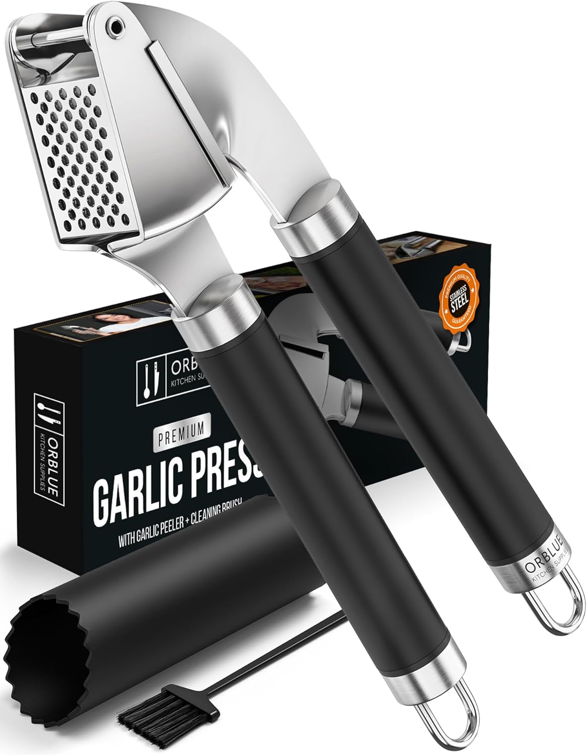 ORBLUE Garlic Press Stainless Steel - Premium Professional Grade Garlic Mincer, Crusher & Peeler Set - Easy Clean, Dishwasher Safe & Rust-proof