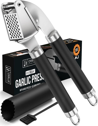 ORBLUE Garlic Press Stainless Steel - Premium Professional Grade Garlic Mincer, Crusher & Peeler Set - Easy Clean, Dishwasher Safe & Rust-proof