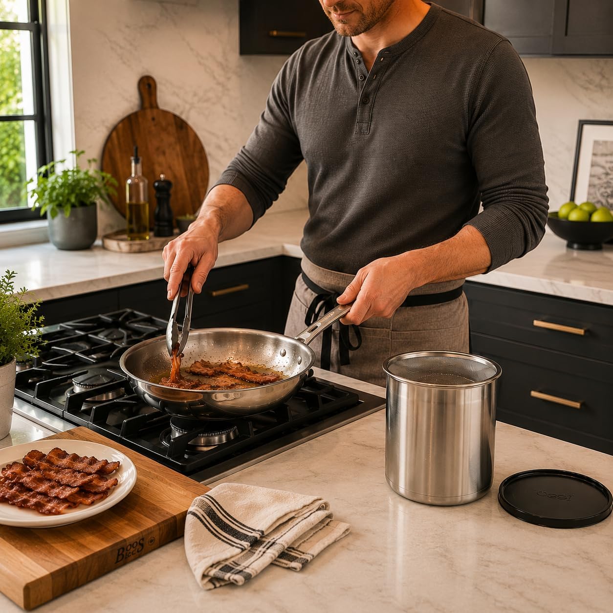 Oggi Stainless Steel Jumbo Grease Container with Removable Strainer and Snug Lid. Perfect container for fryer oil, bacon drippings, lard and ghee oil. Large capacity can - 1 Gall / 4 Qt / 3.75 Lt