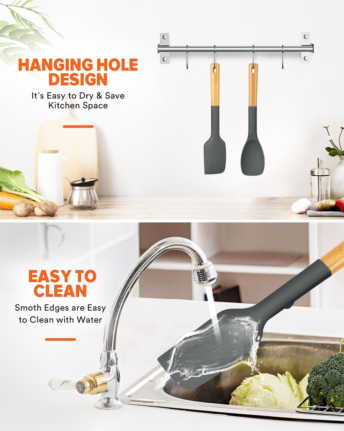 Silicone Spatula and Spoonula Set, Great For Stirring, Tough Mixing and Folding, Sturdy Bpa-Free Matte Silicone, Wooden Handle Rubber Scraper For Nonstick Cookwares (Grey)