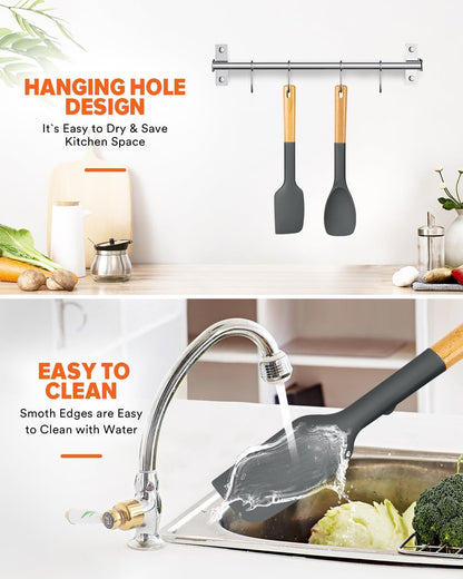 Silicone Spatula and Spoonula Set, Great For Stirring, Tough Mixing and Folding, Sturdy Bpa-Free Matte Silicone, Wooden Handle Rubber Scraper For Nonstick Cookwares (Grey)