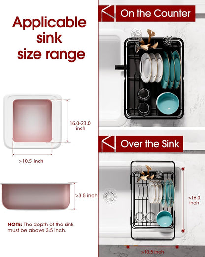 Sakugi Dish Drying Rack in Sink - Expandable Stainless Steel Dish Rack Over the Sink, Kitchen Sink Drain Strainer with Cutlery Holder & Cup Holders, 15.4 x 9.8 x 3.0 Inch, Silver