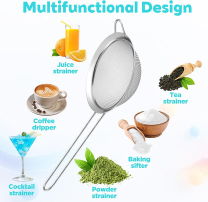 20packs Small Fine Mesh Strainer with Handle 3.3" Stainless Steel Tea Strainers Conical Hand Strainer for Kitchen Juice, Bar Cocktail, Cafe Tea, Coffee Drinks (Silver)