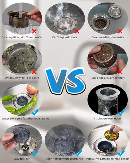 Hibbent Upgraded 3 in 1 Kitchen Sink Drain Strainer and Stopper Combo, Stainless Steel Metal Pop Up Sink Stopper, Anti-Clogging Basket with Foldable Handle for US Standard 3-1/2 Inch Drain