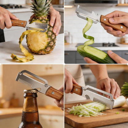 Multifunctional Vegetable Peeler, 3 in 1 Julienne Peeler with Wooden Handle, Vegetable Shredder with Bottle Opener Kitchen Tool for Peeling Veggie Fruit Pineapple Pumpkin Papaya Carrrot(2 Pack)