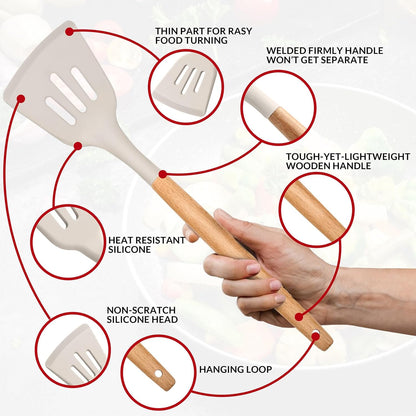 E-far Cooking Utensils Set of 6, Silicone Kitchen Utensils with Wooden Handle, Non-stick Cookware Friendly & Heat Resistant, Includes Spatula/Ladle/Slotted Turner/Serving Spoon/Spaghetti Server(Khaki)