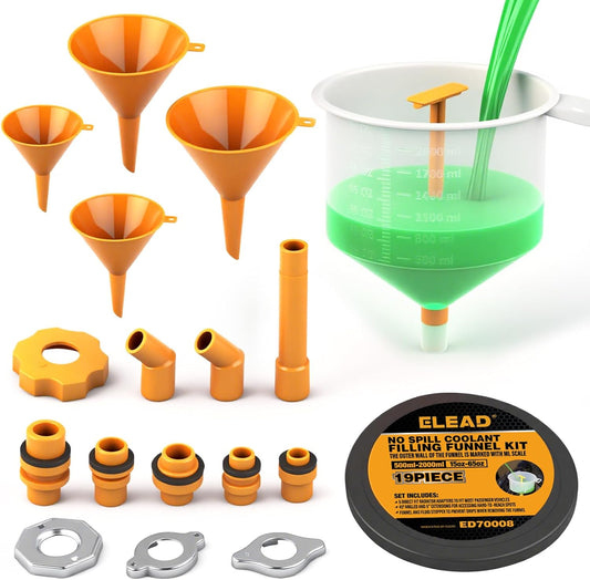 18-Piece No Spill Engine Oil Funnel Kit, 1.59QT/ 1.5L Automotive Coolant Funnel Set, 12 Adapters, Elbow Fitting, Arrow Screen & Magnetic Tray, Compatible with GM, Ford, BMW, Audi, Land Rover Etc