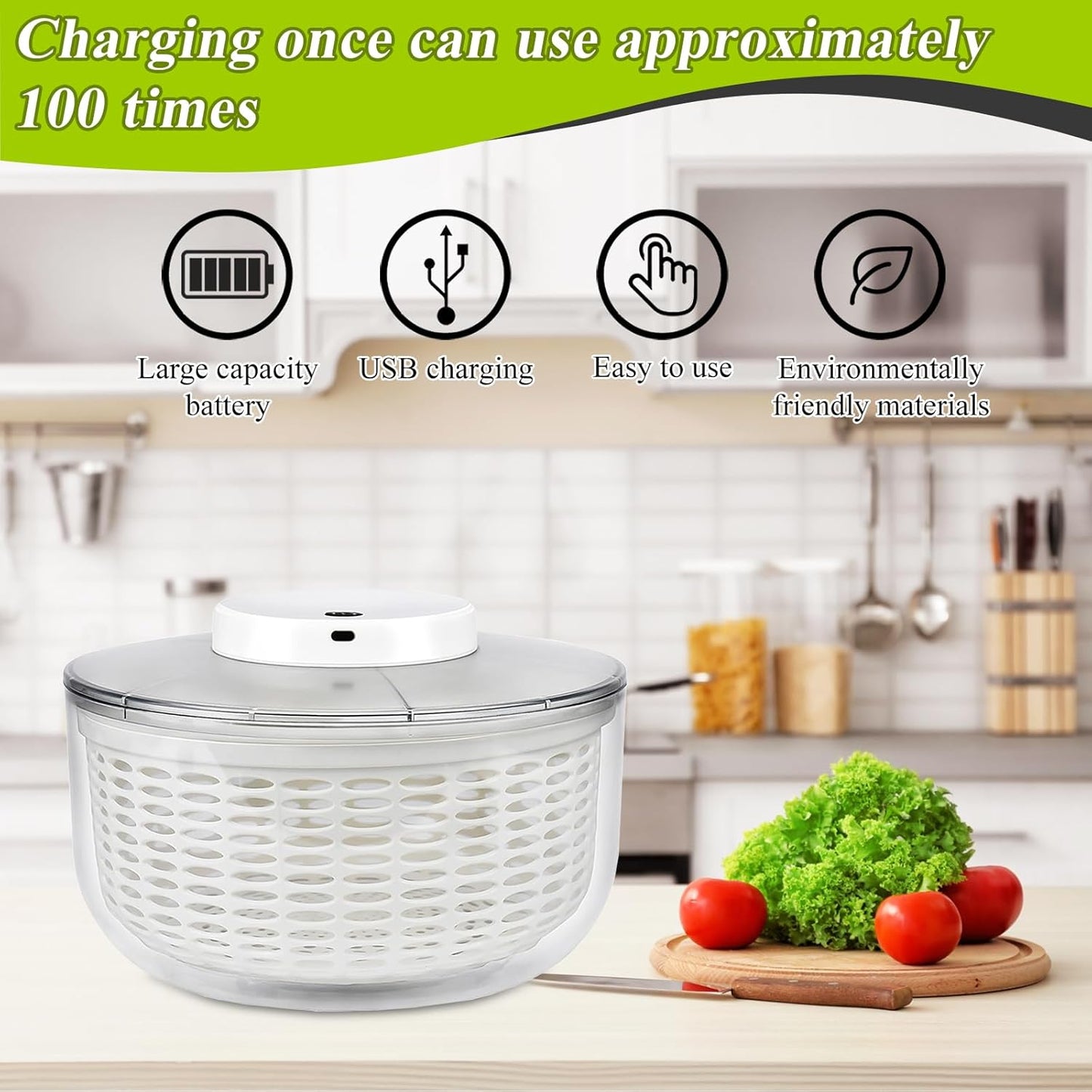 Electric Salad Spinner, 4L Lettuce Spinner Large Capacity USB Chargeble Fruit Vegetable Washer Dryer for Home Kitchen (Gray)