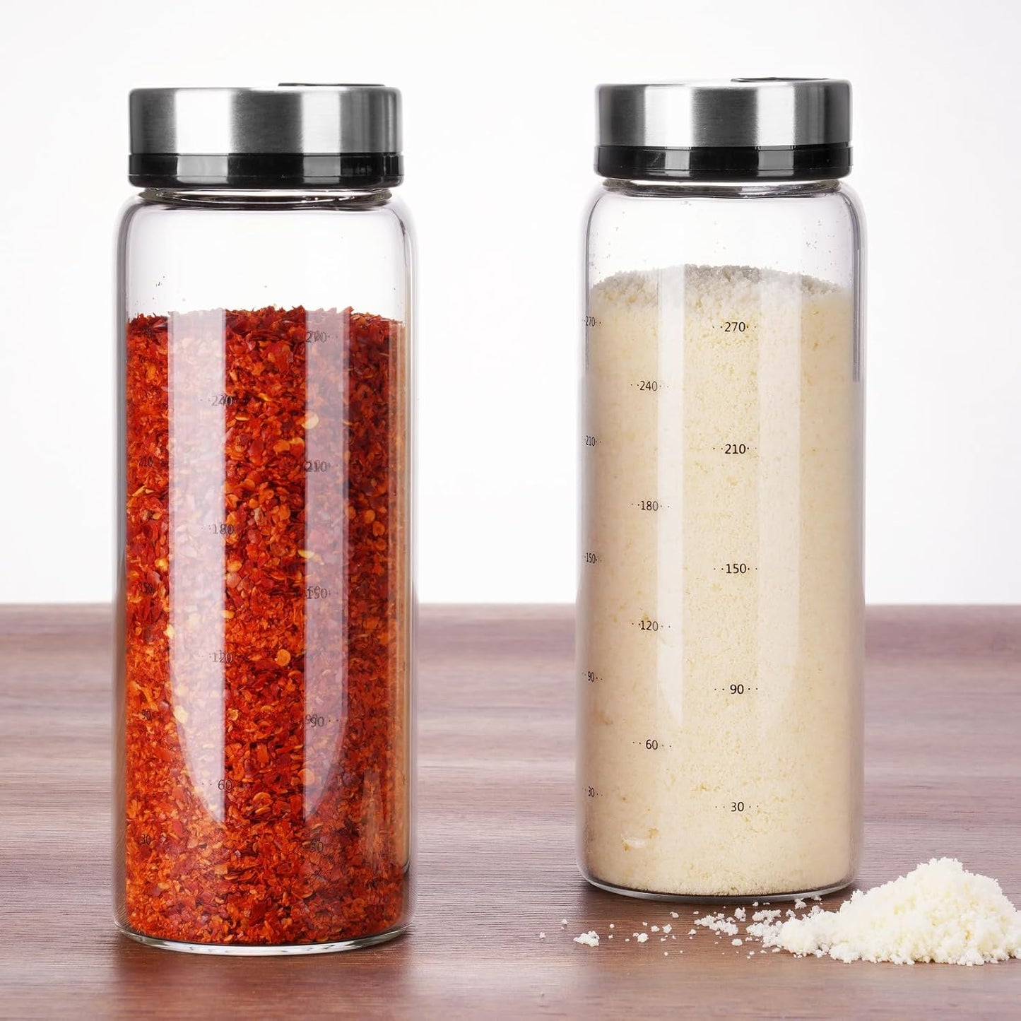 NiHome 2-Pack Spice Shakers with Adjustable Stainless-Steel Lids for Parmesan Cheese, Chili Flakes, Herbs, Salt, Pepper, 10oz Borosilicate Glass Seasoning Dispensers, Easy Refill and Dishwasher Safe