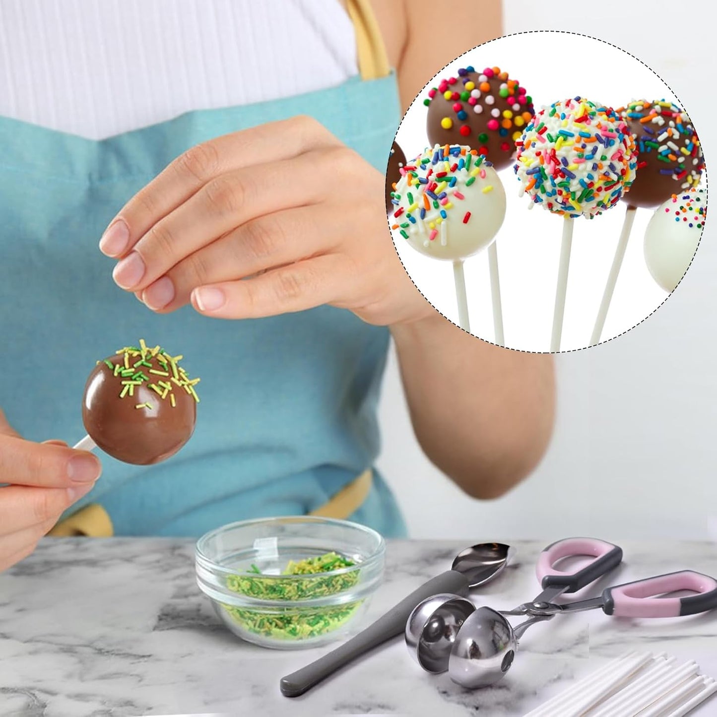 Cake Pop Kit Including 200 pcs 6 inch Lollipop Sticks and 200 pcs Clear Wrappers, 15 hole Clear Acrylic Display Stand, 1 pcs Metal Baller Scoop, 1 pcs Culinary Decorating Scooper, Gold Twist Ties