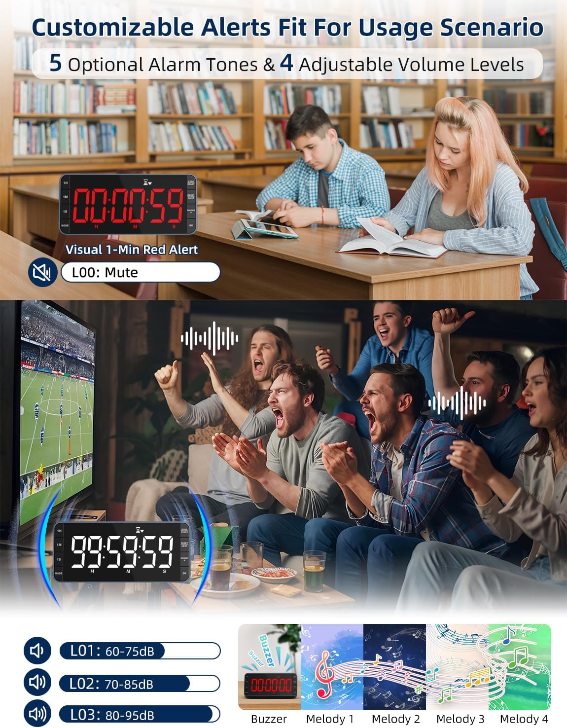 7.8" Digital Kitchen Timer with Large LED Display, Magnetic Rechargeable Countdown Timer, 5 Alarms & 4 Volume Levels, 99H Count Up/Down Timer for Cooking, Classroom & Study