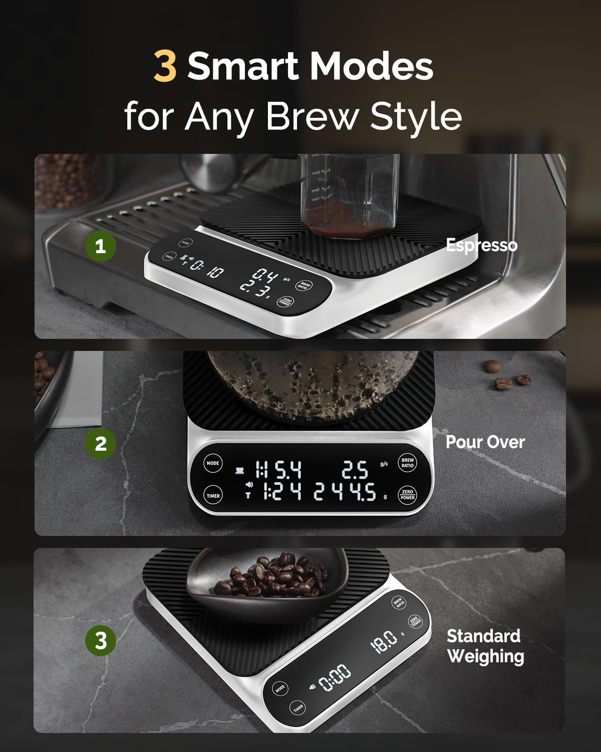 Maestri House S3 Coffee Scale with Timer, 3kg/0.1g Rechargeable Digital Scale, 3 Brew Modes, Adjustable Ratios & Flow Rate Display, Barista-Grade for Pour-Over, Espresso, French Press – Black